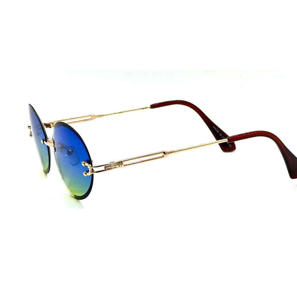 Rimless Oval Sunglasses‎ Blue Yellow Gradient Lens Gold Accents Fashion Luxury